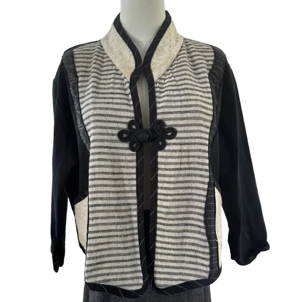 Vintage A La Mode patchwork  jacket black cream frog toggle made USA size large